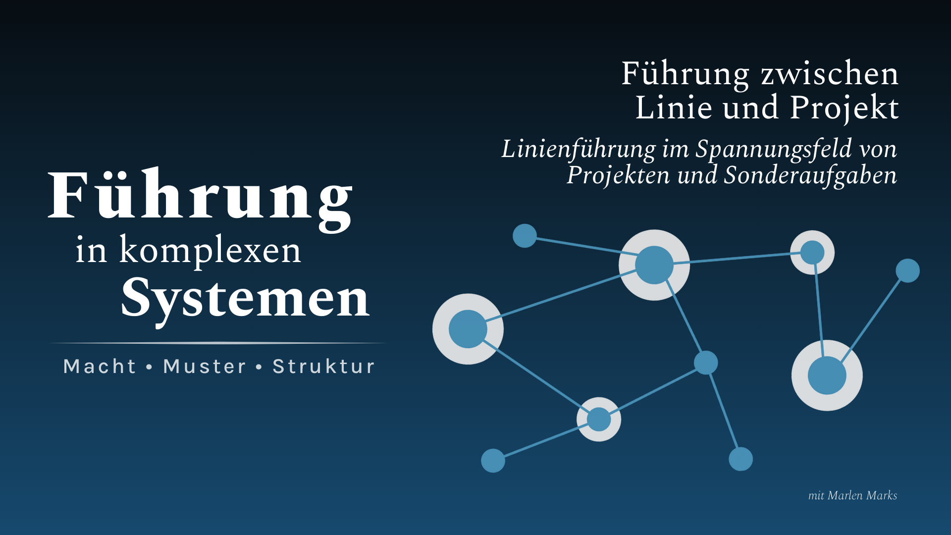 Podcastcover der Episode „Führung zwischen Linie und Projekt – Linienführung im Spannungsfeld von Projekten und Sonderaufgaben“ des Podcasts „Führung in komplexen Systemen | Macht. Muster. Struktur“ mit Netzwerk-Grafik auf blauem Hintergrund.