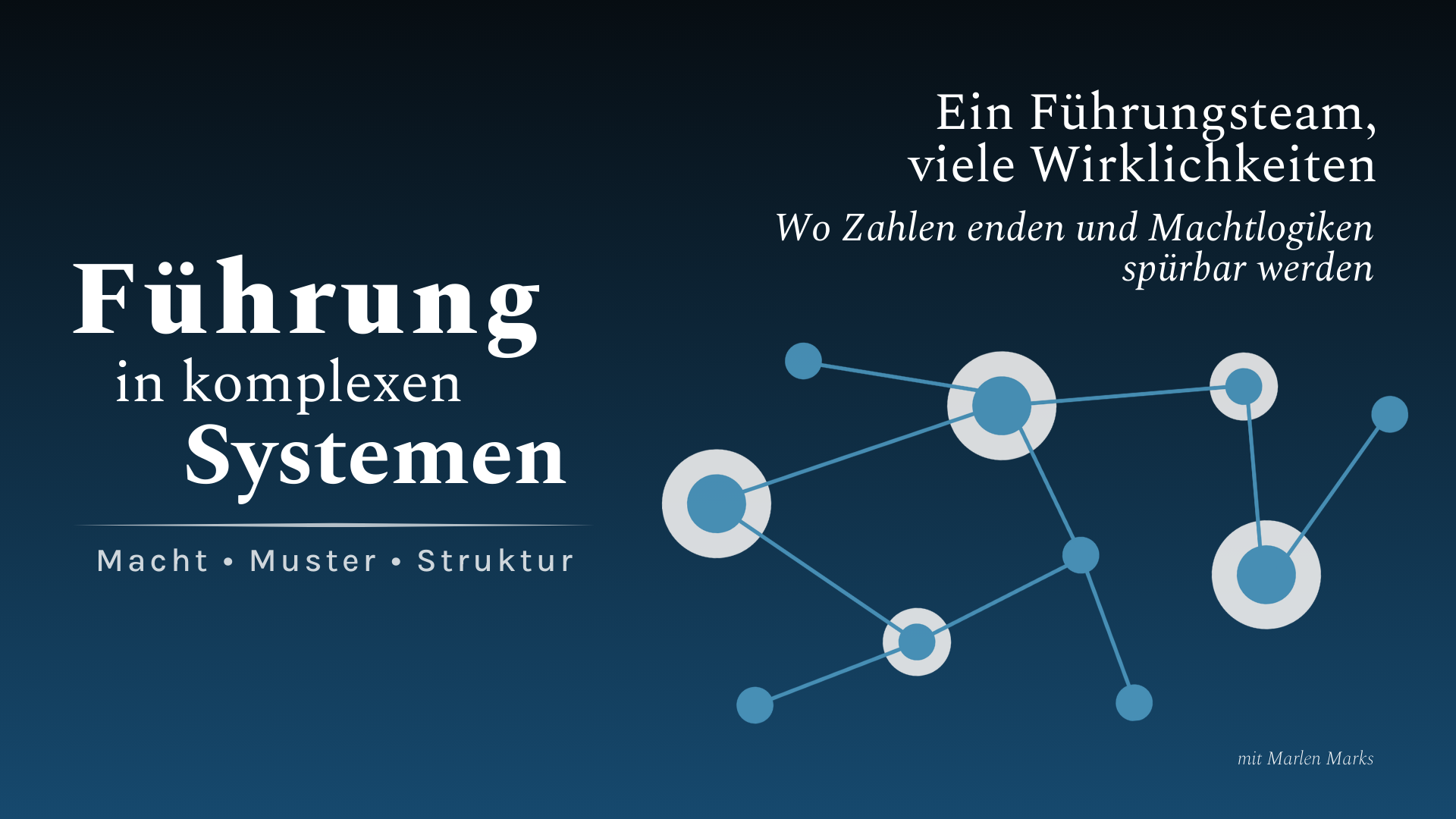 Podcastcover der Episode „Ein Führungsteam, viele Wirklichkeiten – Wo Zahlen enden und Machtlogiken spürbar werden“ des Podcasts „Führung in komplexen Systemen | Macht. Muster. Struktur“ mit Netzwerk-Grafik auf dunkelblauem Hintergrund.