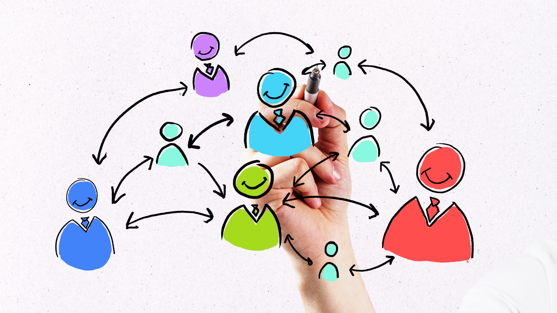 Hand zeichnet ein Organigramm mit verbundenen Figuren und Pfeilen, die Zuständigkeiten, Rollen und Schnittstellen in einer Organisation darstellen.