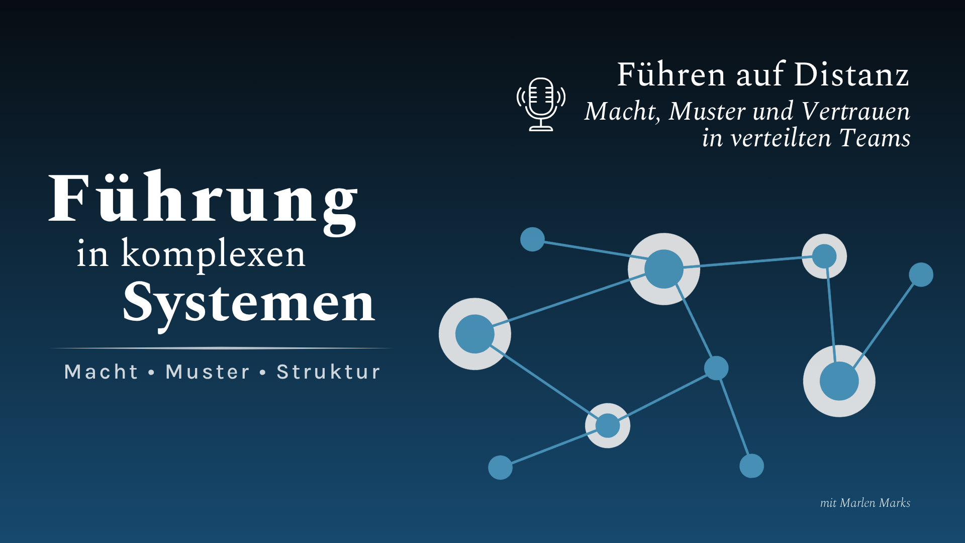 Podcast-Cover von „Führung in komplexen Systemen │ Macht • Muster • Struktur“ mit dunkelblauem Hintergrund, Netzwerkgrafik und dem Episodentitel „Führen auf Distanz“ sowie dem Untertitel „Macht, Muster und Vertrauen in verteilten Teams“.