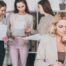 Führungskraft sitzt nachdenklich am Schreibtisch und schreibt, im Hintergrund unscharf drei Kolleginnen mit Dokumenten im Büro, Sinnbild für Vorbildwirkung in der Führung